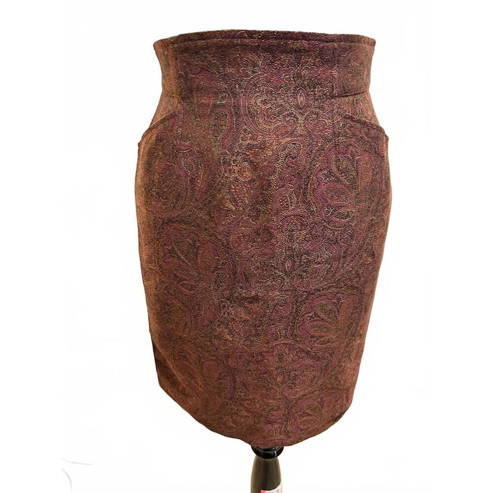 Kenzo‎ Paris Vintage Paisley Jacquard High Waisted Pencil Skirt Burgundy Gold 38